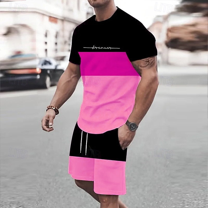 Homens Listrado 2pcs Conjuntos de camisetas Tops de verão Manga Curta Calças curtas Gola Redonda Desporto Casual Ao ar livre Férias Esporte Impressão 3D Verão Preto Amarelo Verde de 2026 por $26.99 –P3