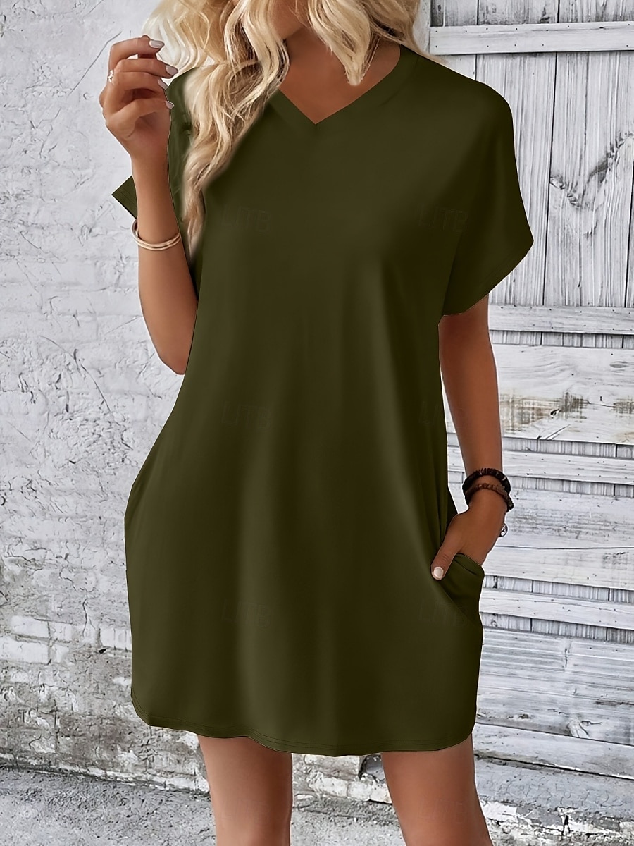 Damen Mini Kleid T-Shirt Kleid Tee Kleid einfarbig Sommer Kleid lässig täglich reguläre Passform Grafik Kurzarm V-Ausschnitt Schwarz Rot Olivgrün Aprikose Sommer 2025 - $19.99 –P12