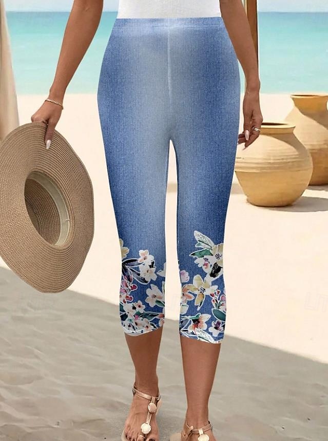 Damen Leggings Capri Pants Hohe Elastizität Urlaub Vintage Mode Wade-lange Mittlere Taille Blumen Grafik Druck Atmungsaktiv Weich Dehnbar Urlaub Casual Täglich Robin's Egg Blau Sommer Frühling 2025 - $18.99 –P3