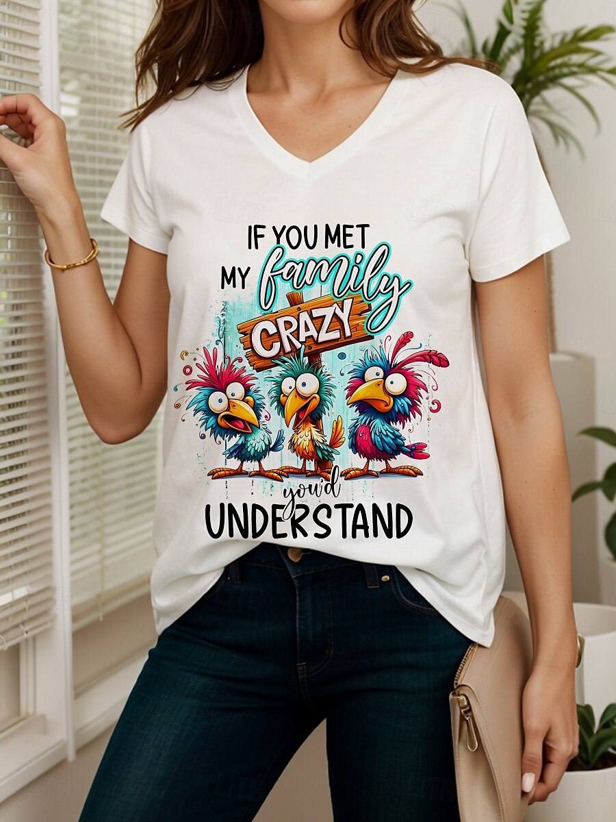 Dame Bluse Grafisk Fugl Bokstaver Årgang Stilfull Klassisk Kortermet V-hals Vanlige topper Daglig Ut på byen Strand Klær Trykt mønster Svart Hvit Sommer Vår 2025 - $24.99 –P4