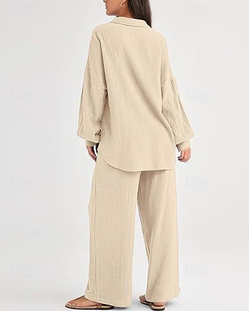 Dam Mode Streetwear Skjorta Tvådelade set Byxuppsättningar Långärmad Tröjkrage Ensfärgat Snörning Dagliga kläder Datum Svart Vin Armégrön Vår Normal 2025 - $38.99 –P15
