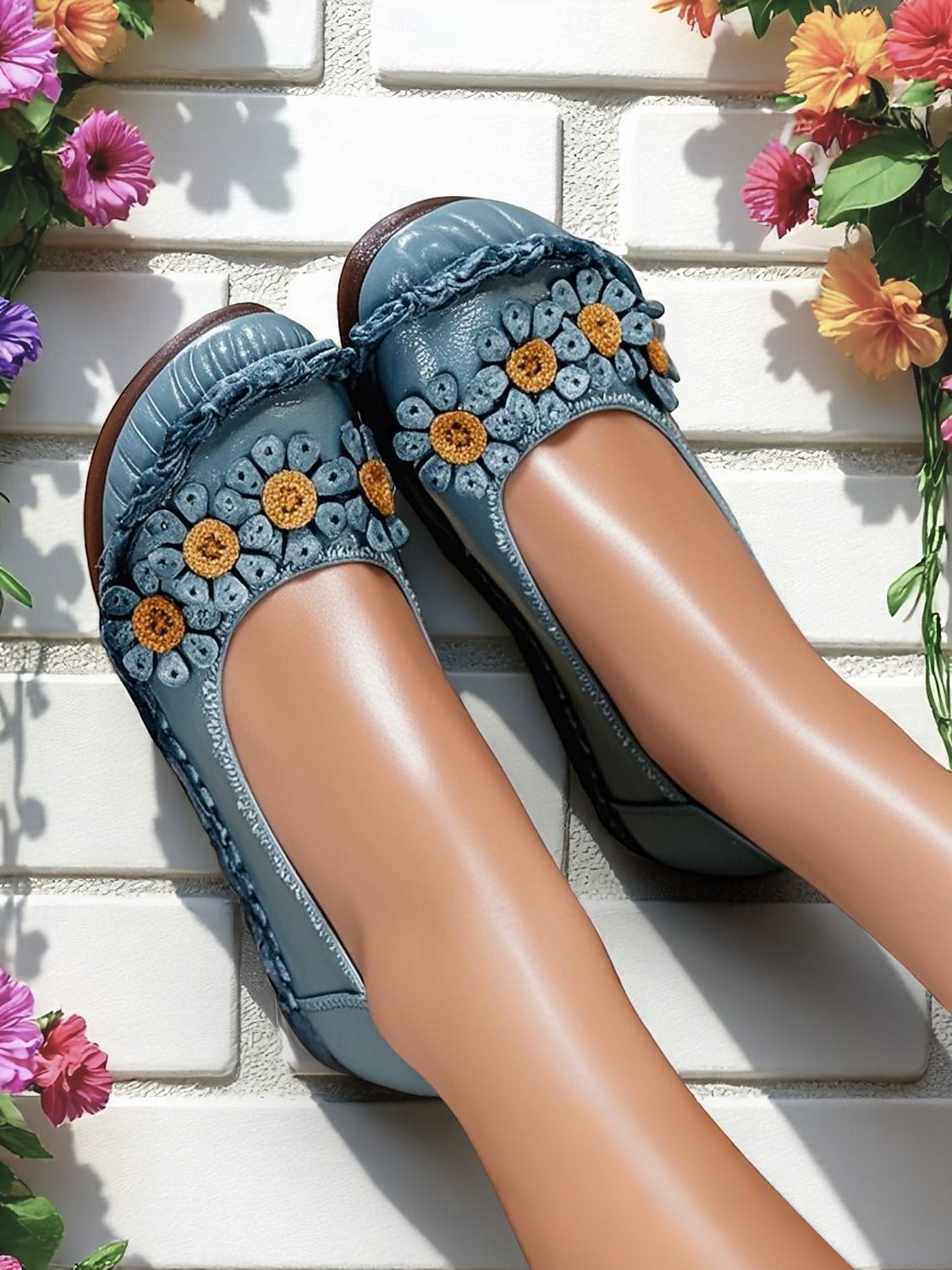 Damen-Ballerinas aus hochwertigem Leder mit Blumen- und Rüschendesign – bequemer Retro-Stil für Frühlingsspaziergänge im Garten, Wochenendbrunch und tägliche Besorgungen 2026 - $54.99 –P4
