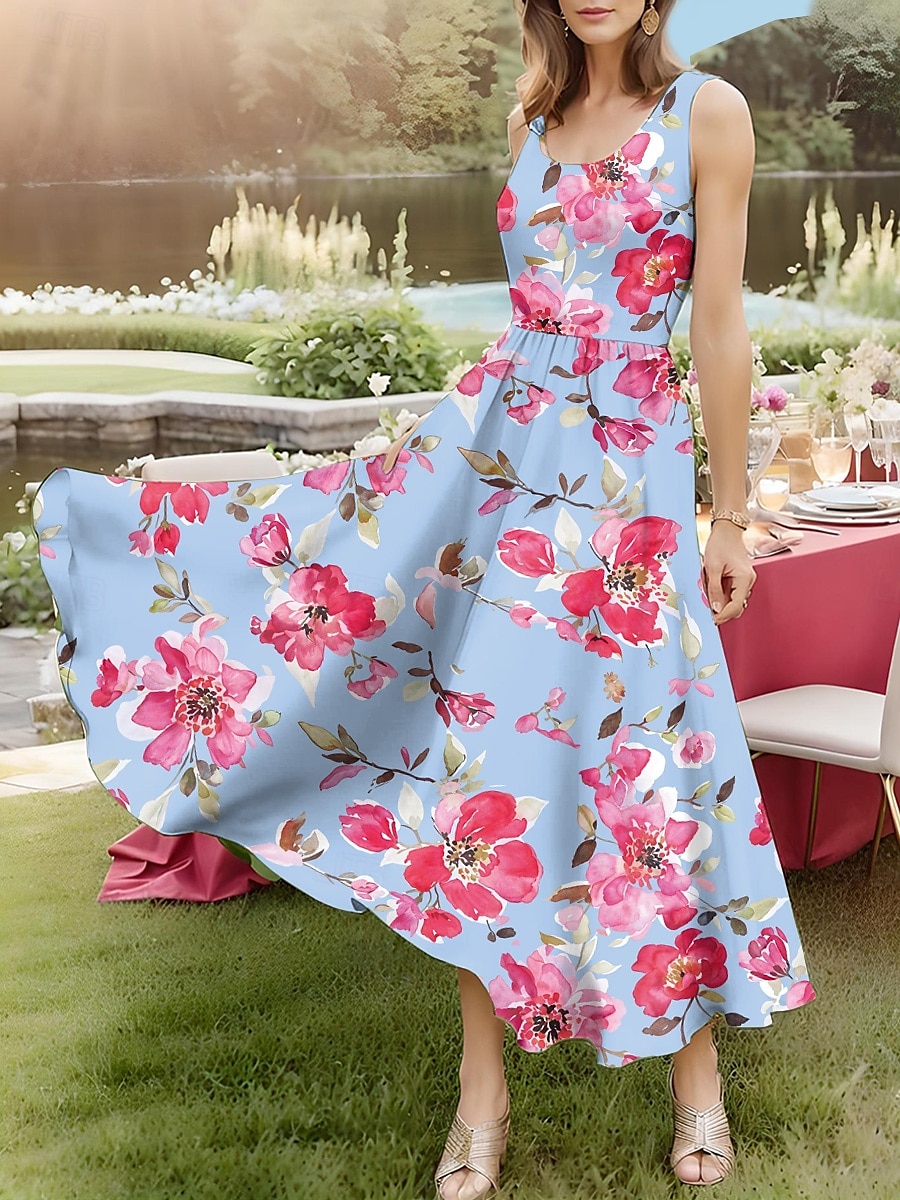 Damen Midikleid Sommerkleid A Linie Kleid Schulterfreies Kleid Urlaub Party Geburtstag Outdoor Party Ausgehen Standard Passform Blumen Grafik Ärmellos U-Ausschnitt Meerblau Rote Himmelblau Sommer 2025 - $35.99 –P2