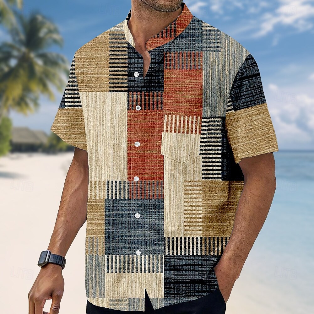 Herre Geometrisk Fargeblokk Lapper Skjorte Skjorte med stativ krage Kortermet Fritid Feriereise Hverdag Sommer Kinesisk Krave Båndkrage bestefars krage Knepp opp Front One Lomme Lin som skjorte 2025 - $23.99 –P1
