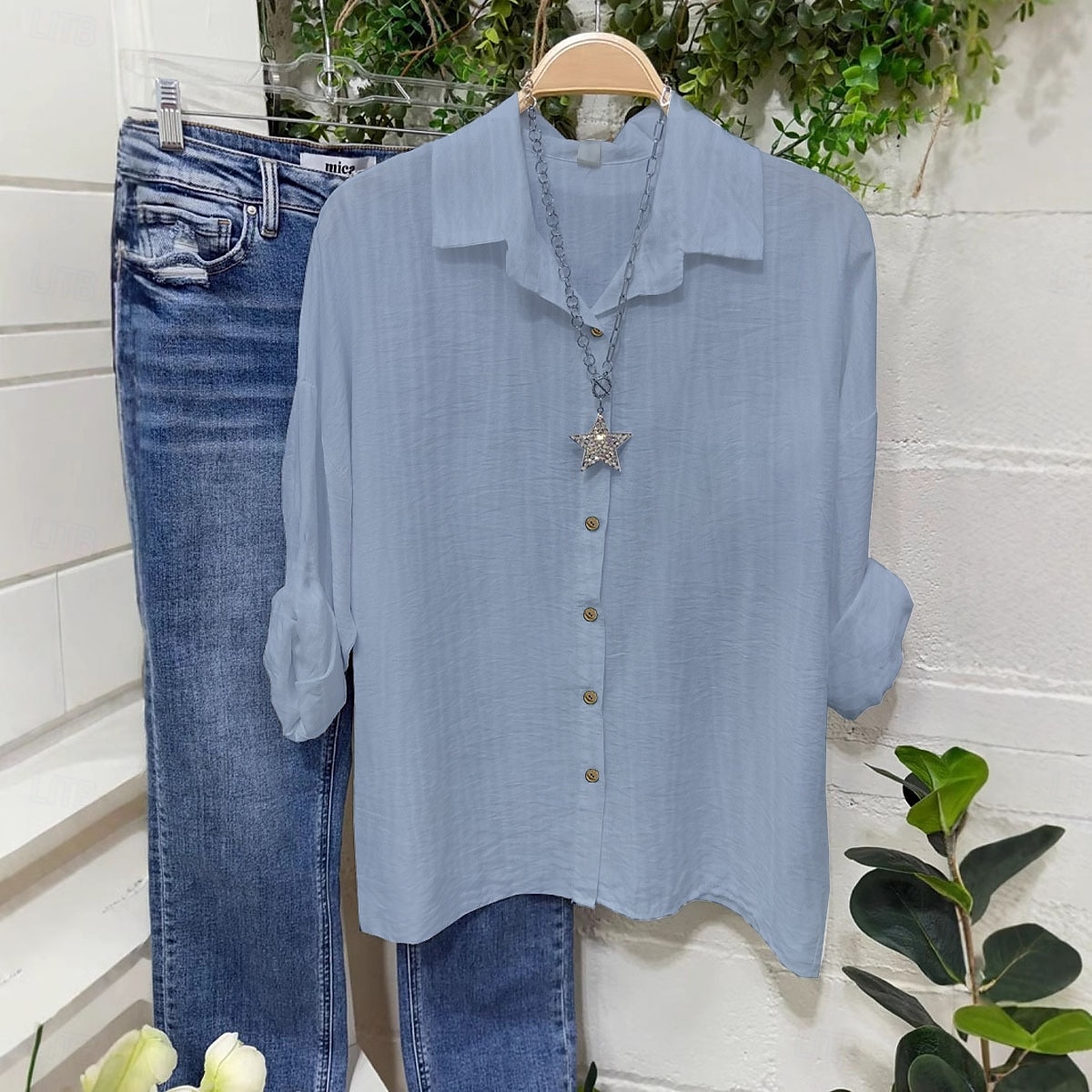 Damen Bluse aus Baumwolle und Leinen, einfarbig, elegant, stilvoll, lässig, langärmelig, V-Ausschnitt, normale Oberteile, Alltag, Urlaub, Knöpfe, weiß, gelb, rosa, blau, grau, Sommer, Frühling 2025 - $22.99 –P5