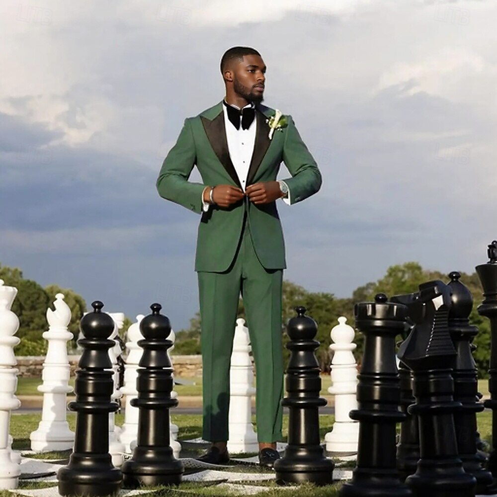 Esmoquin de fiesta para hombres Trajes de regreso a casa verde ejército lujo formal de color sólido ajuste estándar de 2 piezas de un botón 2025 - $122.99 –P1