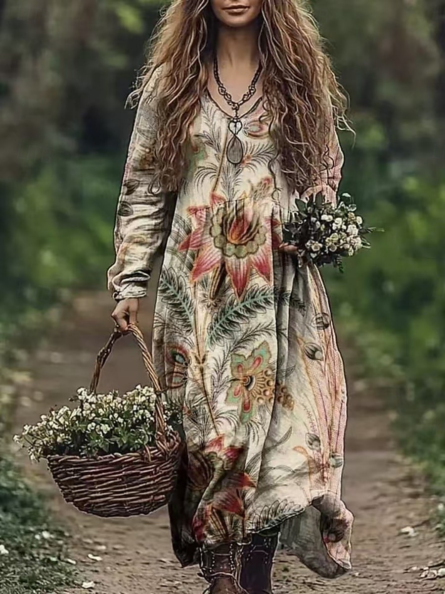 Damskie Długa sukienka sukienka maxi Codzienne sukienki Letnie sukienki Sukienka Boho Plemienny Urlop Codzienny Regularny Kwiaty Długi rękaw W serek Czarny Rumiany róż Burgundowy Niebieski Lato 2025 - $22.99 –P2