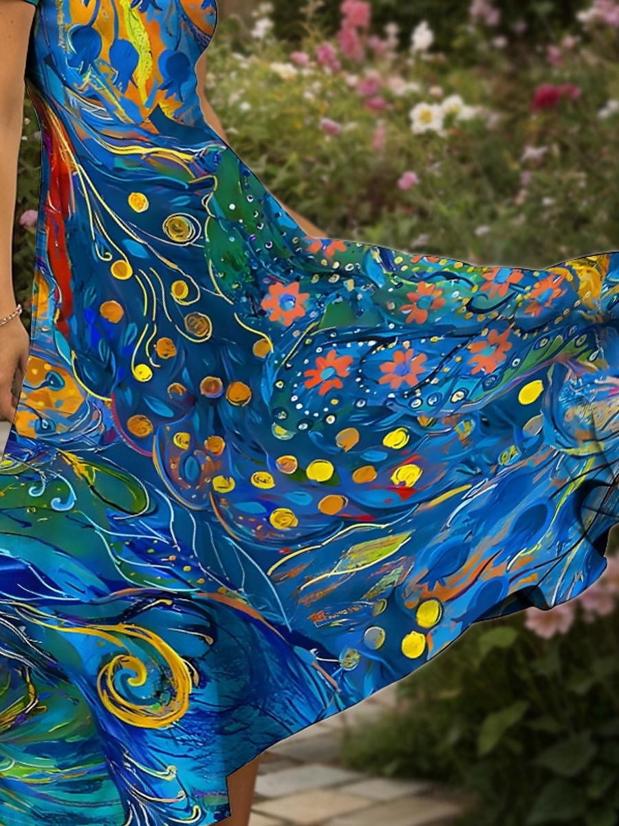Pentru femei Rochie Maxi Rochie casual Rochie A line Rochie de vară Vacanță Epocă Έθνικ Fit regulat Floral Grafic Geometric Manșon scurt Pătrat Scoateți gâtul Albastru piscină Vară Primăvară 2025 - $31.99 –P3