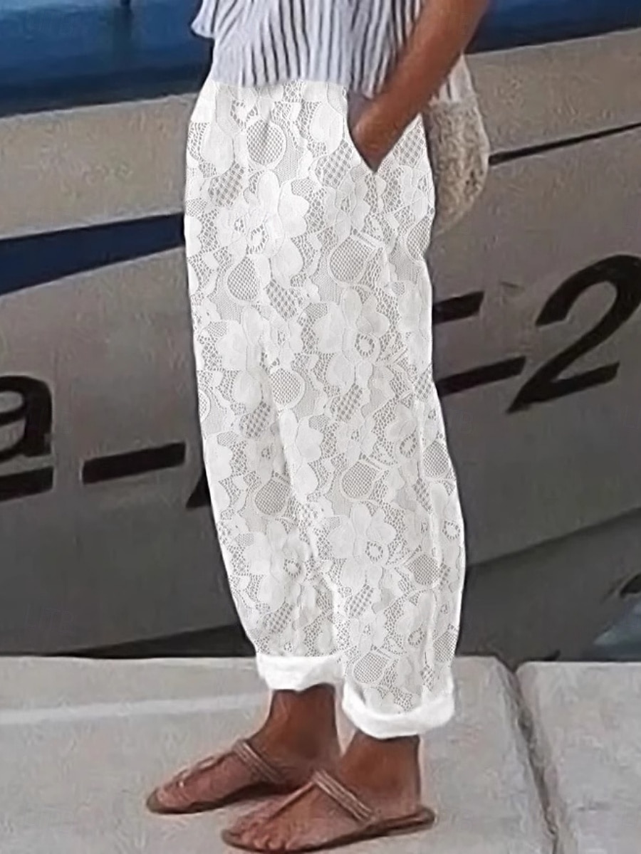 Pantaloni baggy in cotone e lino da donna A tinta unita Chinos Basic Casual Lunghezza intera Vita alta Semplice Pockets Comfort All'aperto Micro-elastico Vacanze Strada Quotidiano Bianco Estate del 2025 a $32.99 –P1