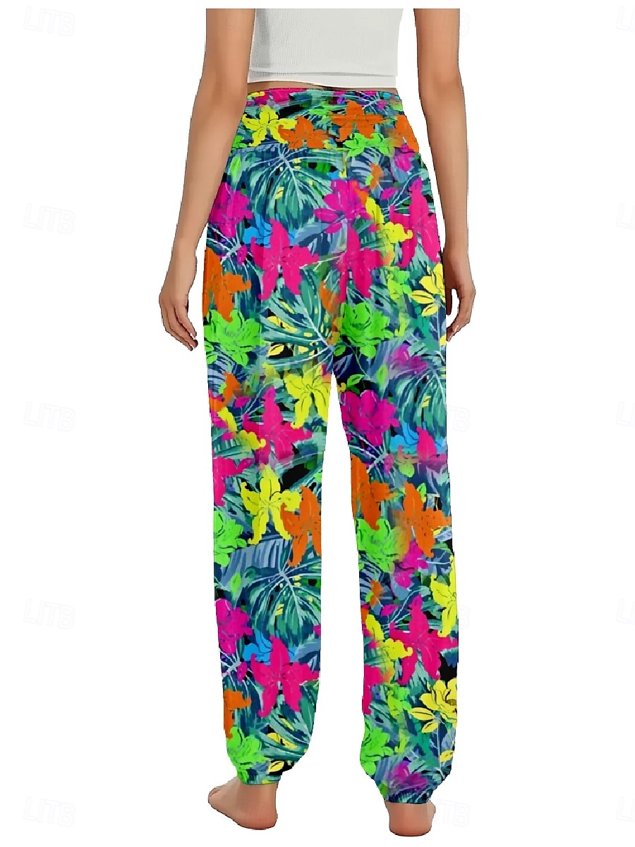 Women's Linen-Inspired Pants Wide Leg Pants Trousers Ethnic Style Casual Boho Full Length High Waist Floral Graphic Pocket Elastic Waist Printing Breathability Soft Micro-elastic Outdoor Yoga Blue 2025 - $21.99 –P2