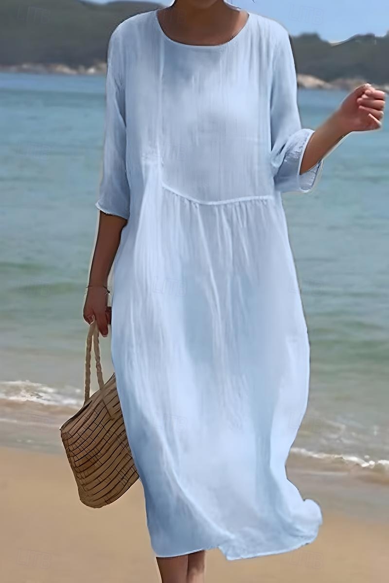 Women's Midi Dress Cotton Linen Dresses Casual Dress Fashion Basic Classic Daily Beach Weekend Regular Fit Plain Half Sleeve Crew Neck White Pink Light Blue Summer 2025 - $26.99 –P1