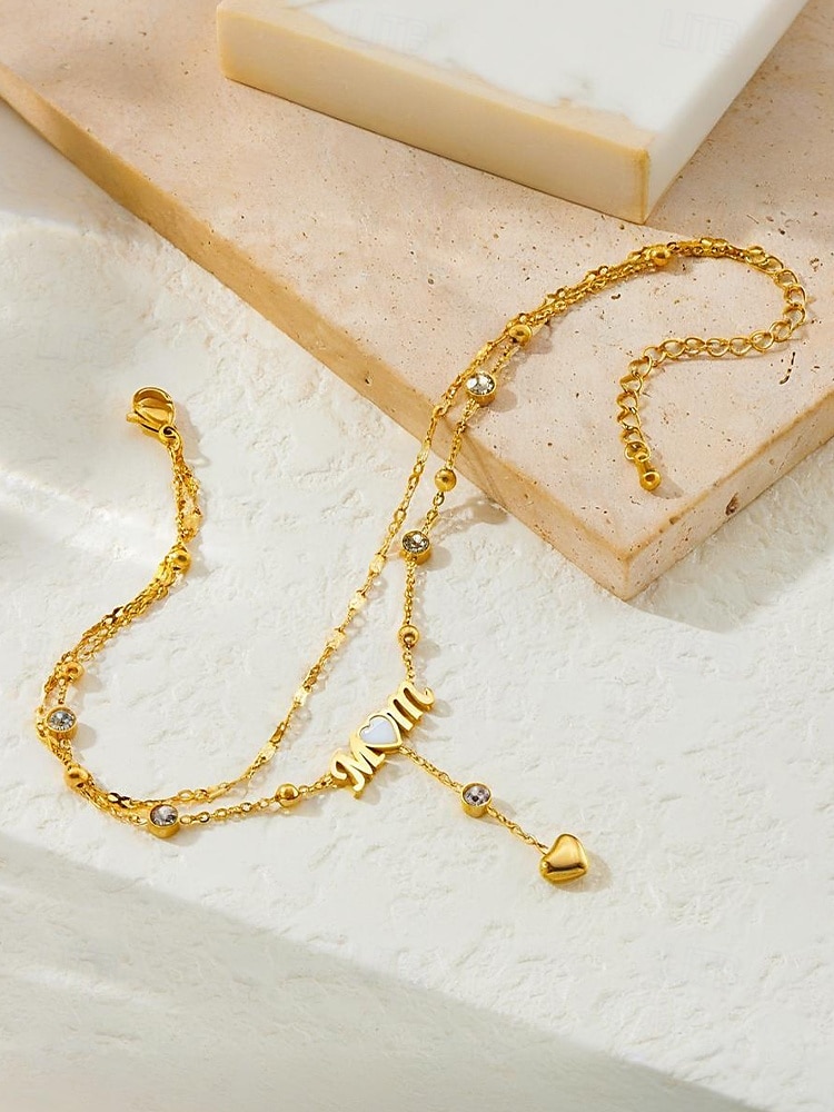 Women's Gold-Tone 'MOM' Heart Charm Anklet – Double-Layer Crystal Chain Design for Mothers, Elegant Beach Jewelry, Perfect Mother's Day Gift 2025 - $11.99 –P4
