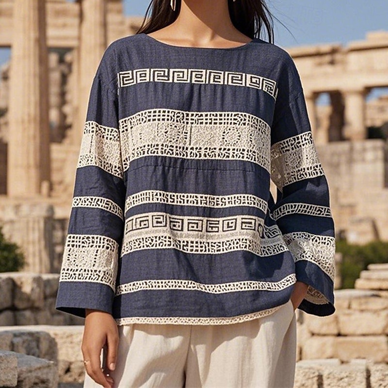 Damen Baumwoll-Leinen-Hemden Boho-Hemd Geometrisch Einfach Täglich Stilvoll Basic Langarm Rundhalsausschnitt Normale Oberteile Arbeit Täglich Ferien Druck Marineblau Purpur Khaki Beige Frühling Herbst 2025 - $29.99 –P2