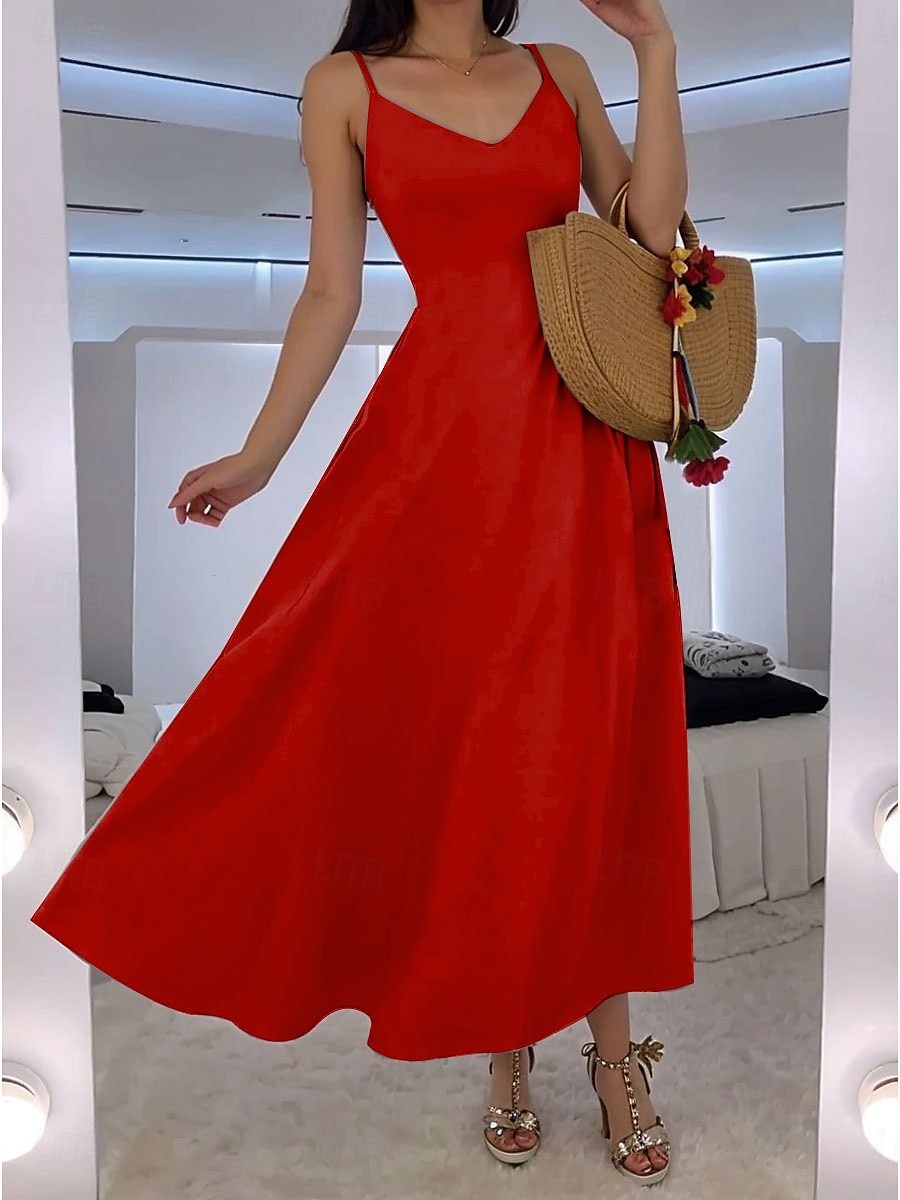 Damen Maxikleid A Linie Kleid Unterkleid Urlaub Lässig Strand Hochzeit Outdoor Party Normale Passform Einfarbig Ärmellos V Ausschnitt Schwarz Rosa Rote Blau Sommer Frühling 2025 - $31.99 –P1