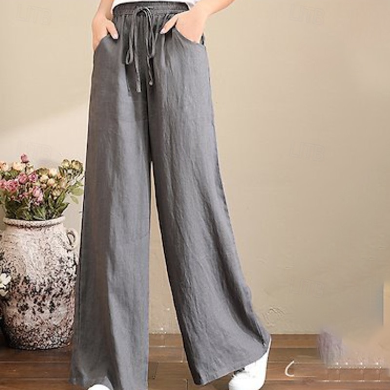 Damen Weites Bein Hose aus Baumwollleinen Stoffhosen Mode Streetwear Volle Länge Natürliche Taille Einfach Tasche Elastisches Kordelzugdesign Bequem Außenbereich Straße Ferien Wochenende Aprikose 2025 - $15.99 –P1