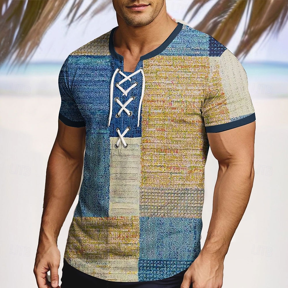 Men's Patchwork Shirt Short Sleeve T shirt 3D Print Lace Up Neck Shirt Vacation Fashion Casual Street Casual Daily Blue Purple Brown Summer Spring Clothing Apparel S M L XL XXL XXXL 2025 - $18.99 –P2