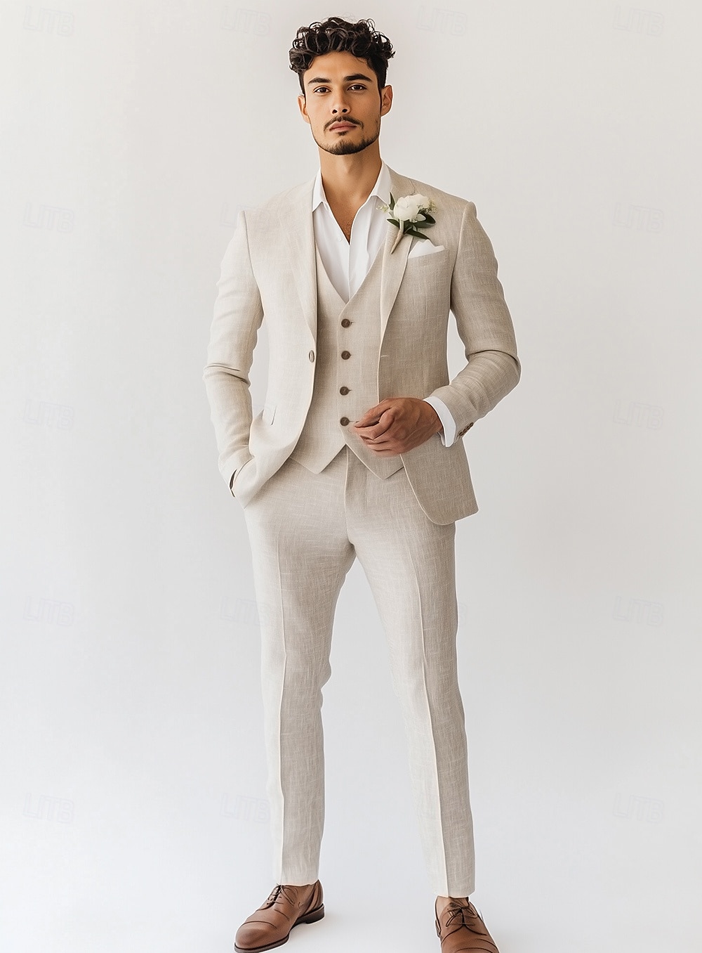 Costumes en lin pour hommes beige mode formelle 80% en lin costumes d'été de couleur unie ajustement standard 3 pièces à boutonnage simple un bouton de 2025 ? $145.99 –P2
