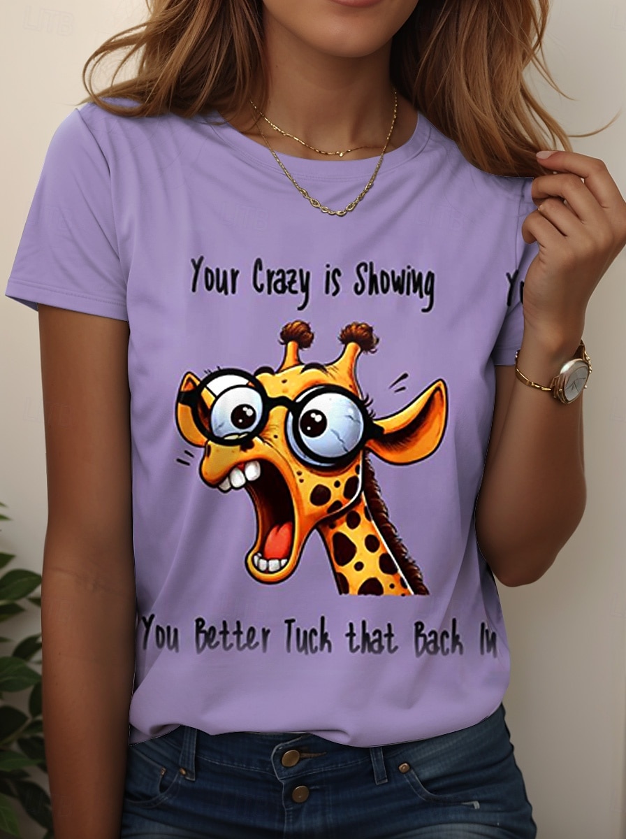 Damen T Shirt Grafik Tiermotiv Buchstabe Stilvoll Klassisch Lässig Kurzarm Rundhalsausschnitt Normale Oberteile Täglich Druck Schwarz Weiß Rosa Blau Purpur Sommer 2025 - $19.99 –P2
