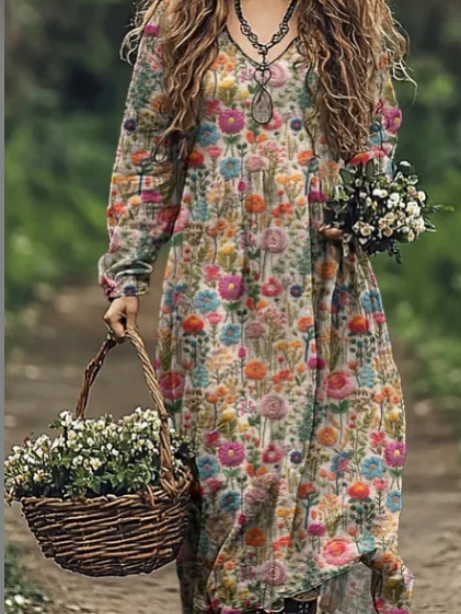Damskie Długa sukienka sukienka maxi Codzienne sukienki Letnie sukienki Sukienka Boho Plemienny Urlop Codzienny Regularny Kwiaty Długi rękaw W serek Czarny Rumiany róż Burgundowy Niebieski Lato 2025 - $22.99 –P11