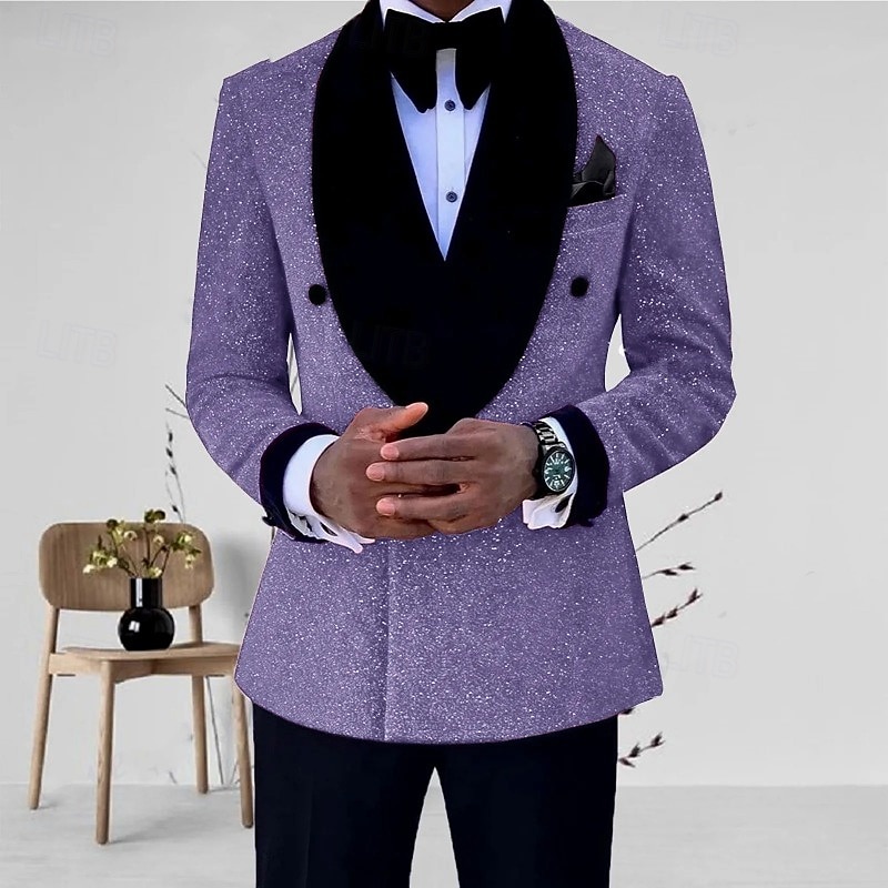 Herr Mardi gras Glittrande Kostymer Sjal Silver Svart Solid färg Skräddarsydd passform 2 delar set Singelknäppt 1 Knapp 2025 - $122.99 –P7