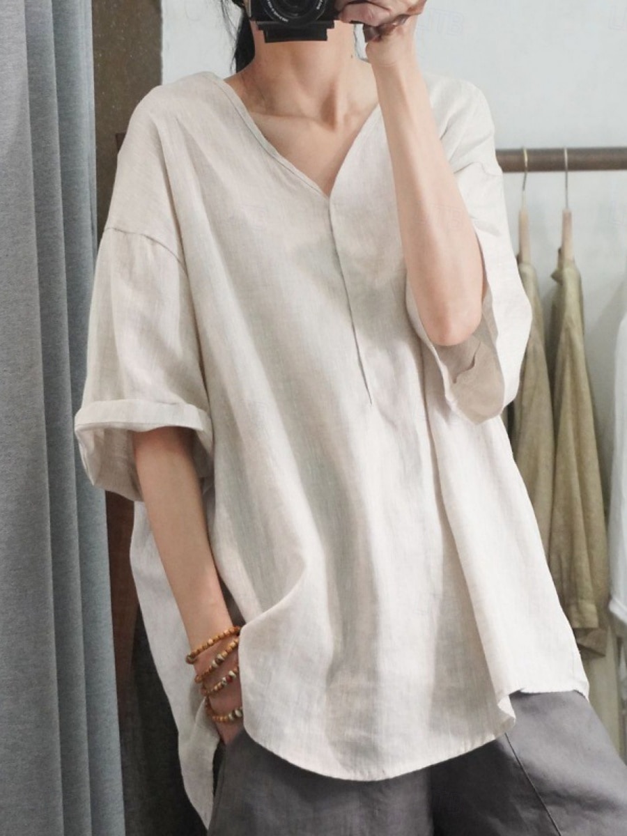 Women's Shirt Solid Color Basic Casual 3/4 Length Sleeve V Neck Regular Tops Daily Black White Pink Green Beige Summer 2025 - $16.99 –P5