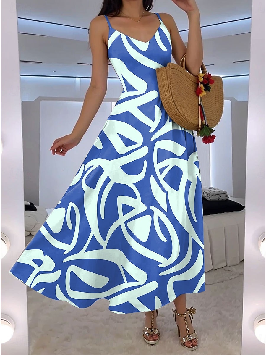 Damskie Sukienka maxi Sukienka A line Sukienka na ramiączkach Urlop Codzienny Styl plażowy Na zewnątrz Wyjściowe Luźny / a Graficzny Geometryczny Abstrakcja Bez rękawów W serek Czerwony Niebieski 2025 - $34.99 –P3