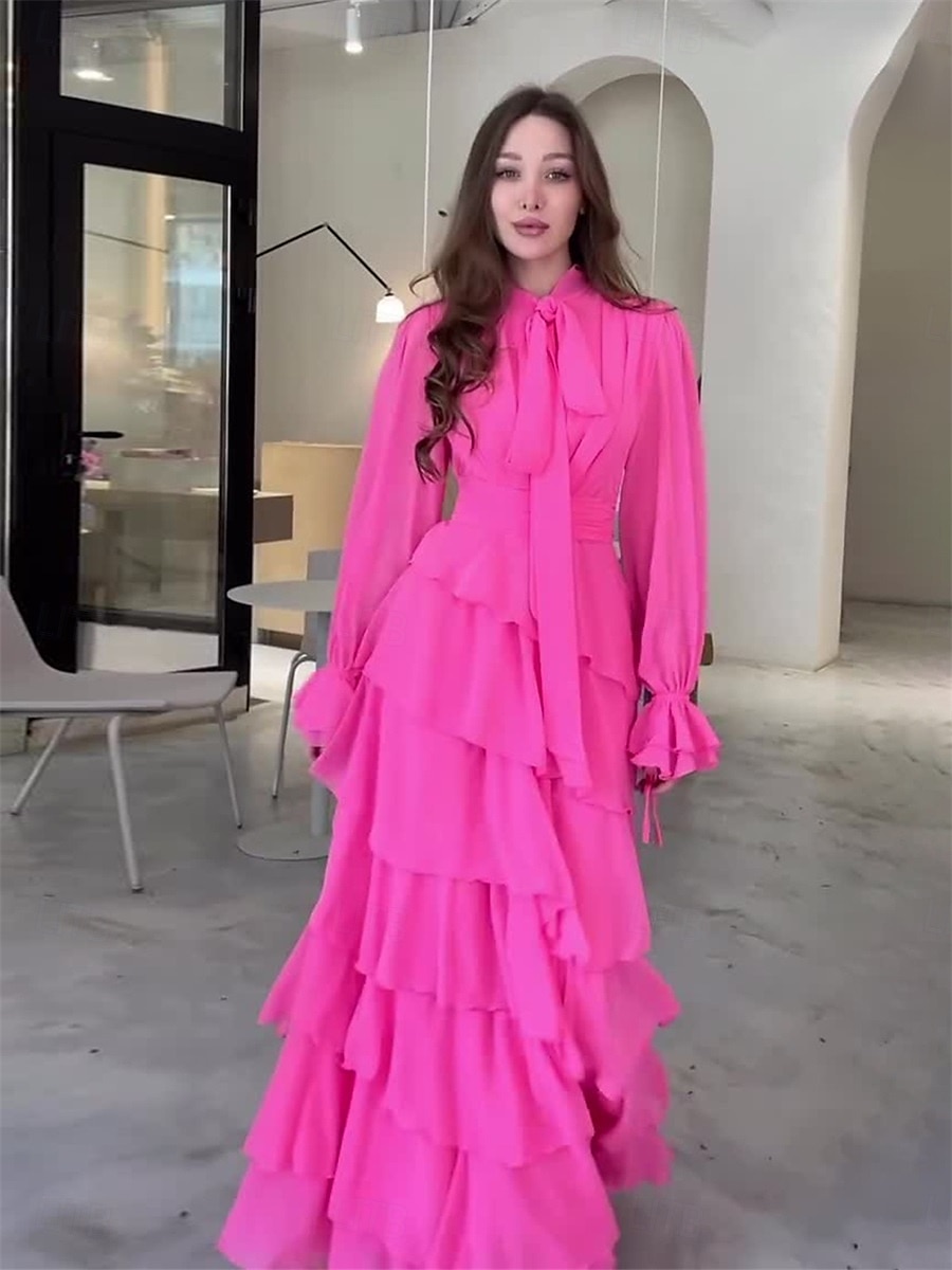A-Linje Quinceanera Klänningar Elegant Klänning Formell Bröllop Golvlängd Lång Ärmar Hög Hals Chiffon med Volanger 2025 - $79.99 –P3