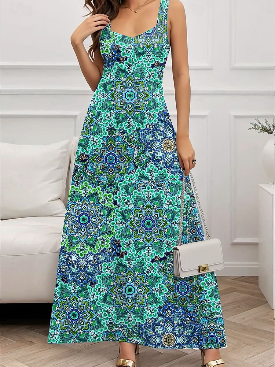 Damen Maxikleid A Linie Kleid Sommerkleid Schulterfreies Kleid Urlaub Lässig Party Date Normale Passform Blumen Grafik Ärmellos Quadrathals Weiß Blau Grün Dunkelblau Sommer Frühling 2025 - $26.99 –P3