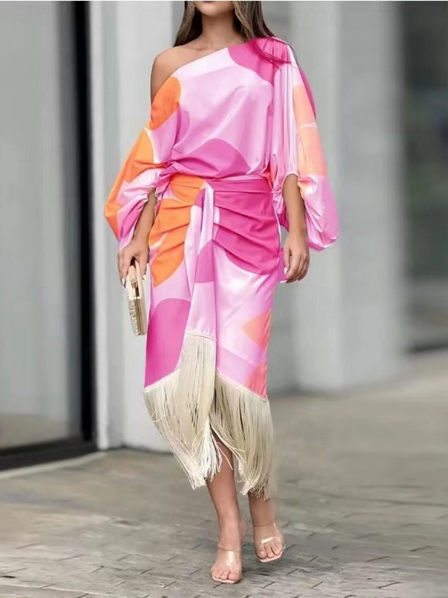 Femmes Robe Ensemble Robe Portefeuille Robe à épaules dénudées Occasionnel Bloc de Couleur Froncé Imprimé Robe Midi Manche 3/4 Une Épaule Extérieur Quotidien Jaune Rose dragée Été Printemps Coupe de 2025 ? $46.99 –P3