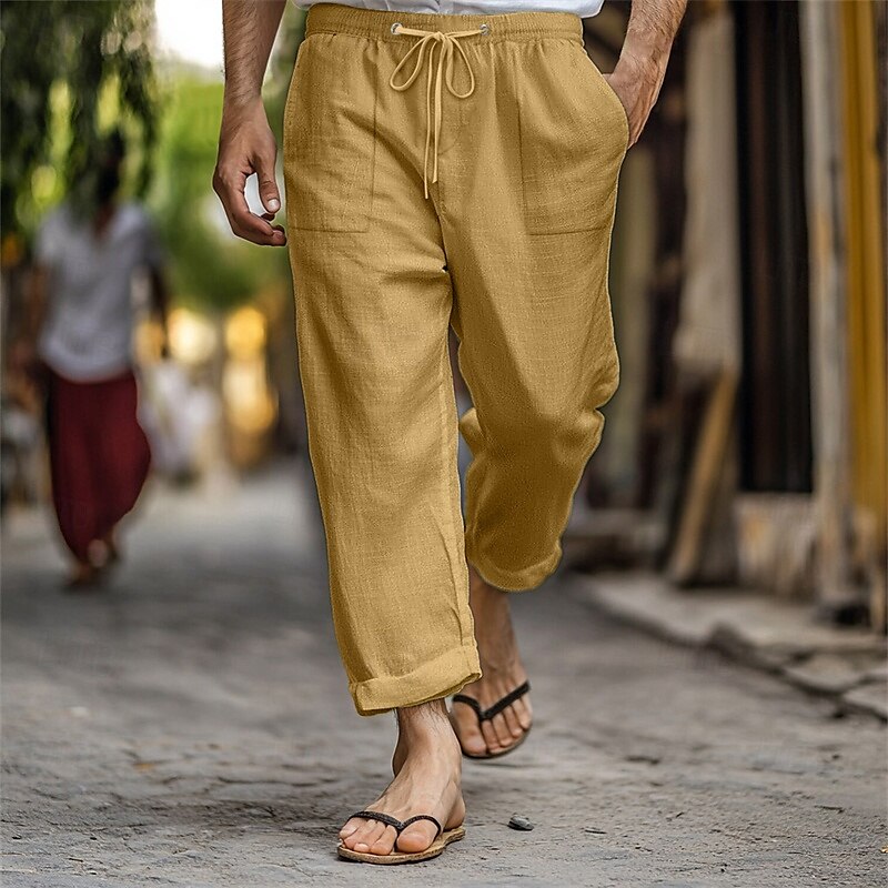 Men's Linen Pants Trousers Summer Pants Beach Pants Pocket Drawstring Elastic Waist Plain Comfort Breathable Vacation Daily Holiday Hawaiian Boho Dark Brown Lake blue 2025 - $18.99 –P11