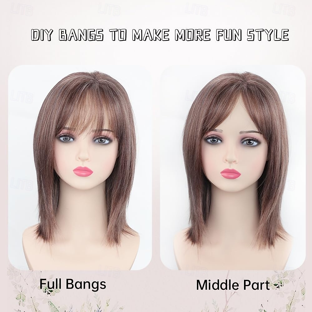 Short Straight Bob Wigs for White Women Highlight Brown Layered Wig with Air Bangs Shoulder Length Natural Synthetic Hair Wig 2026 - $25.99 –P5