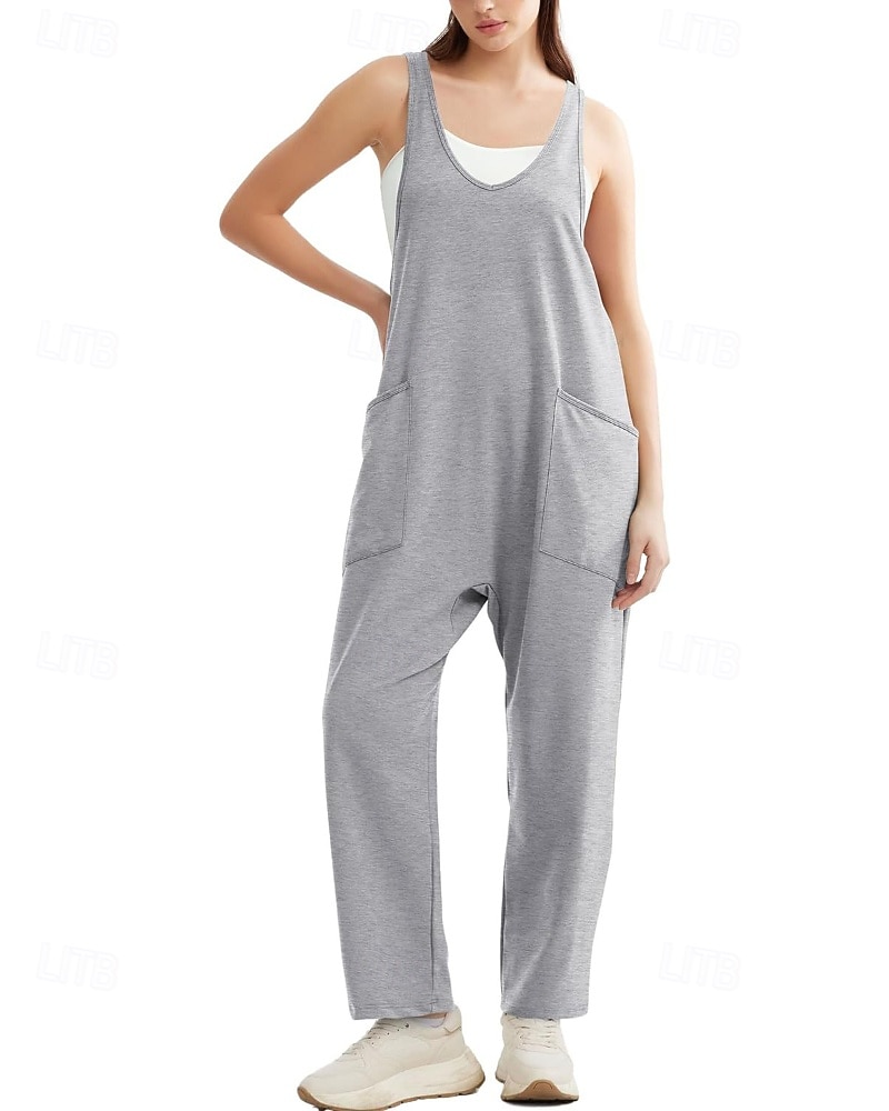 tuta salopette normale da donna streetwear tinta unita senza maniche scollo a V tasche per uscire fine settimana vestibilità regolare nero verde chiaro rosa estate del 2026 a $26.99 –P15