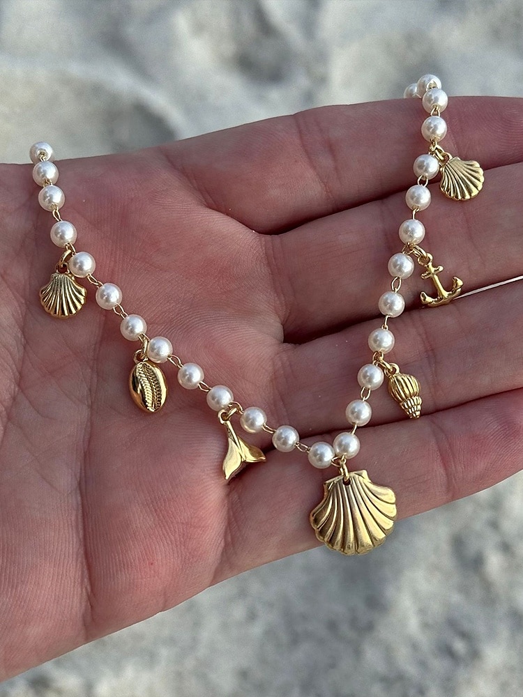 Women's Pearl Beaded Necklace with Gold Sea Charms – Nautical Beach Jewelry for Summer Vacation and Resort Wear 2025 - $9.99 –P1