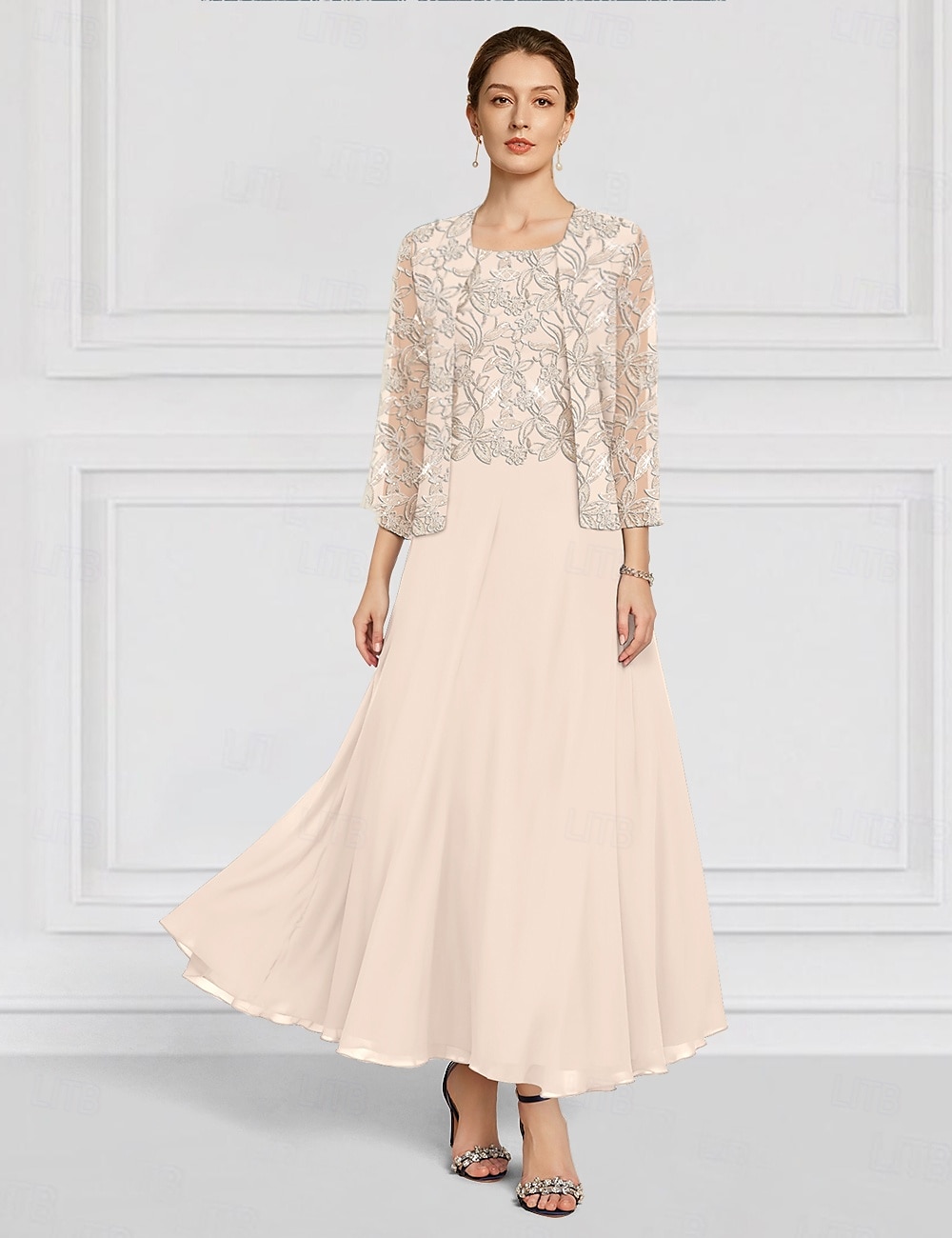 Blue Green Two Piece A-Line Mother of the Bride Dress Beaded Elegant Vintage Simple Crew Neck Ankle Length Lace Long Sleeve with Lace Embroidery 2025 - $154.99 –P4