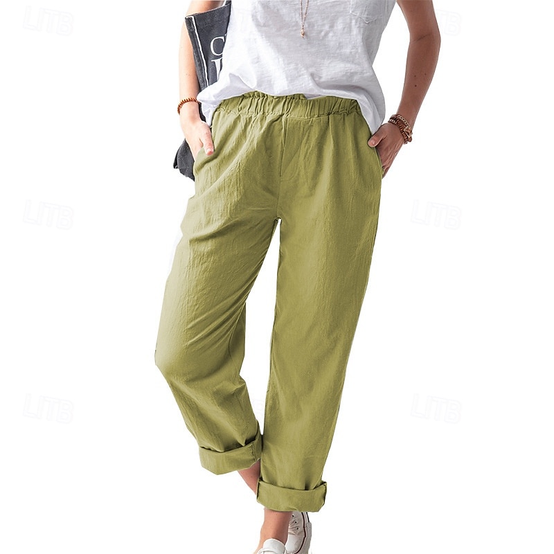 Per donna Pantaloni in cotone e lino Pantaloni Eleganti Casual Lunghezza intera Naturale Semplice Tasca Elastico in vita All'aperto Confortevole Streetwear Uscire Magenta azzurro cielo Grigio Nero del 2025 a $24.99 –P8