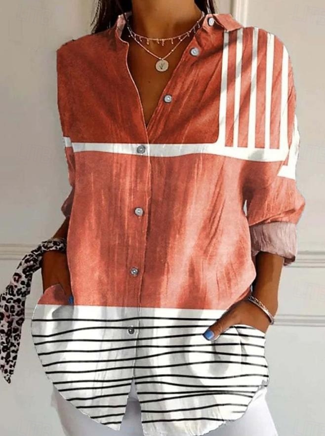 Women's Shirt Linen Like Breathable Lightweight Button Down Tunic Shirt Collar Long Sleeve Graphic Geometric Vintage Tropical Stylish Work Daily s Print Yellow Orange Khaki Spring Fall Winter 2026 - $37.99 –P2