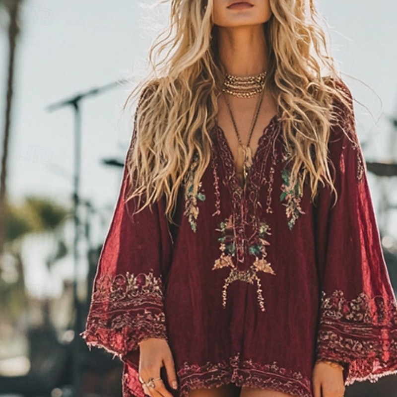Women's Midi Dress Boho Dress Vintage Classic Vacation Daily Holiday Regular Fit Flower Long Sleeve V Neck Red Summer 2025 - $27.99 –P2