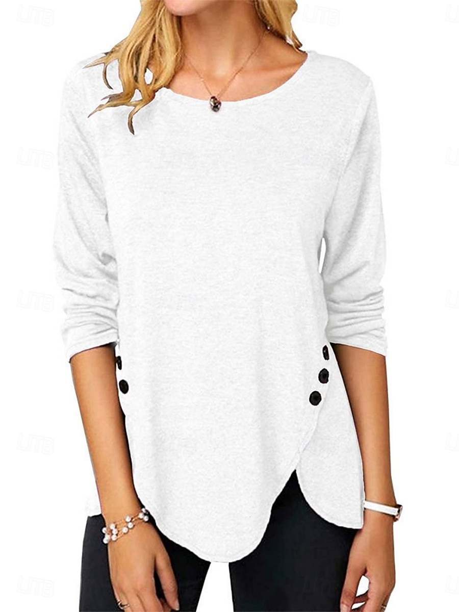 Mulheres Blusa Tecido à moda Casual Manga Longa Gola Redonda Tops regulares Diário Botões Branco Azul Céu Roxo Marron Verão Primavera de 2025 por $16.99 –P5