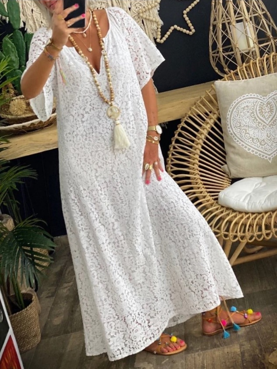 Robe Maxi Femme Robe A Ligne Uni Vacances Décontractée Boho Extérieur Sortie Ajustement Normal Graphique Manches Courtes Col V Noir Blanc Bordeaux Été de 2025 ? $41.99 –P1