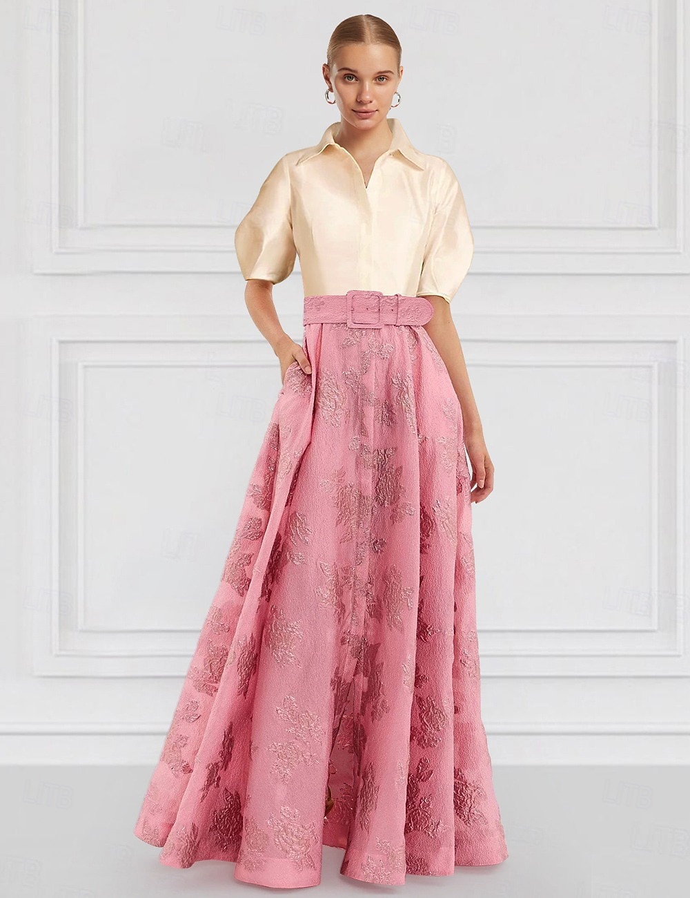 Krój A Sięgająca podłoża Sukienka koszulowa Suknia Suknia wieczorowa Rękaw 1/2 Kołnierzyk koszuli Elegancja Zabytkowe Kwiaty Formalny Gość weselny Nylon Sukienka dla matki panny młodej z Kwiatowy wzór 2025 - $139.99 –P3