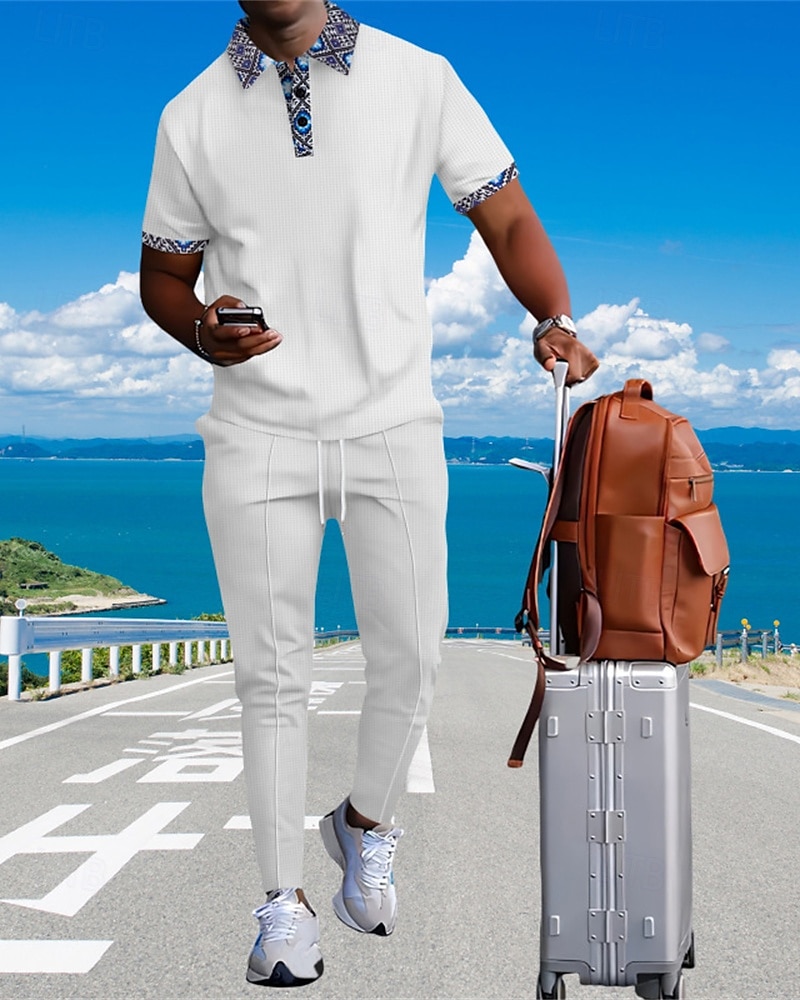 Voor heren Wafel Shirt T-shirt past Shirt- en broeksets 2 stuks outfits Korte mouw Revers Zomer Kleurenblok Modieus Casual Lapwerk 2-stuks Vakantie Alledaagse kleding Uitgaan Zwart Wit Koningsblauw 2025 - $40.99 –P17