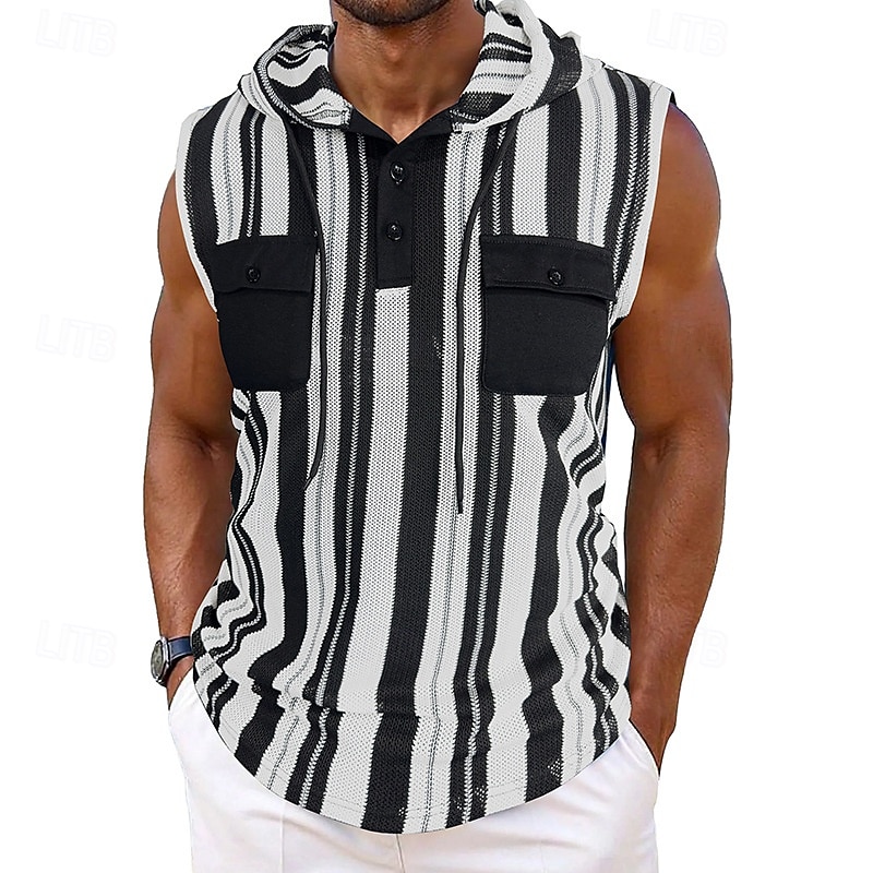 Herr Linne Undertröjor Ärmlös tröja Ärmlös Huva Sommar Randig Mode Designer Grundläggande Ficka Semester Gata Utekväll Svart Blå Mörkblå Topp t-shirt för män 2025 - $30.99 –P6