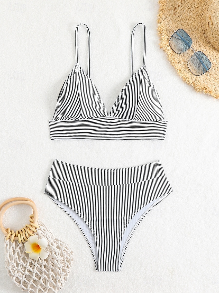 Kvinnors baddräkter bikini 2-delad tärnande baddräkt rygglös semester strandkläder randig V-hals ärmlös baddräkter 2025 - $17.99 –P3