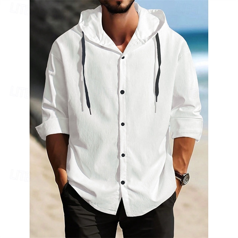 Men's Shirt Summer Shirt Casual Shirt Beach Shirt Button Up Shirt Black White Dark Navy Brown khaki Long Sleeve Plain Hooded Holiday Casual Daily Button-Down Clothing Apparel Polyester Fashion Casual 2025 - $27.99 –P9