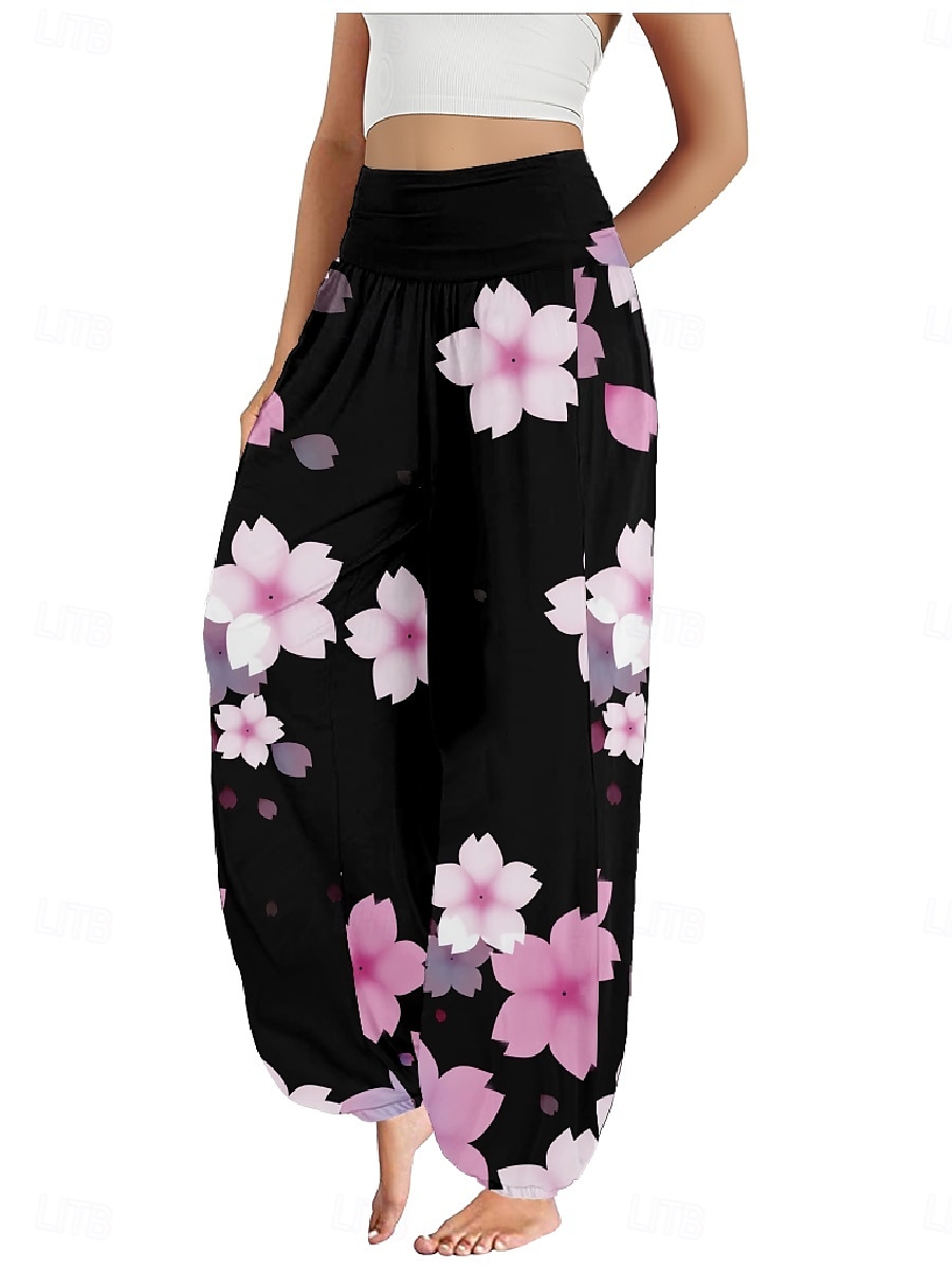 Dam Linneinspirerade byxor Brett skaft Byxor Etnisk Stil Ledigt Boho Fullängd Hög midja Blommig Löv Tropisk Ficka Elastisk midja Tryck Mateial som andas Mjuk Microelastisk Utomhus Yoga Svart Rosa 2025 - $21.99 –P13