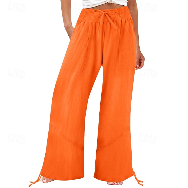 Women's Cotton Linen Shorts Linen-Inspired Pants Cotton Linen Pants Fashion Full Length Natural Plain Pocket Elastic Drawstring Design Comfy Outdoor Comfortable Outdoor Street Going out Orange red 2025 - $29.99 –P4