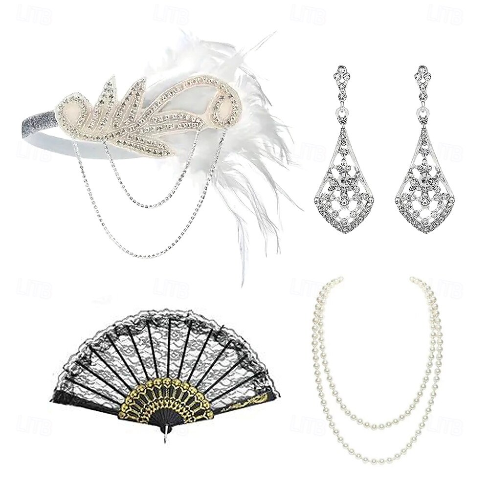 1920-as évek A nagy Gatsby Flapper fejpánt Gyöngyös karkötő Fülbevaló A nagy Gatsby Toll Retro Csillogó glitter Kristály / Strassz Női Farsang Valentin nap Álarcos mulatság Party estélyi viselet 2025 - $23.99 –P3