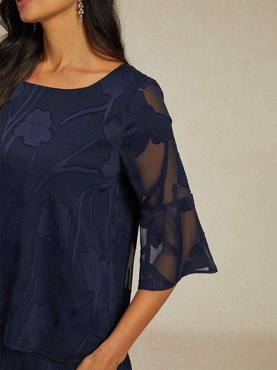 Women's Lace Shirt Blouse Dressy Tops Chiffon Tops Solid Color Elegant Stylish Basic 3/4 Length Sleeve Bell Sleeve Boat Neck Regular Tops Wedding Guest Work Daily Asymmetric Hem Navy Blue Summer 2025 - $59.99 –P4