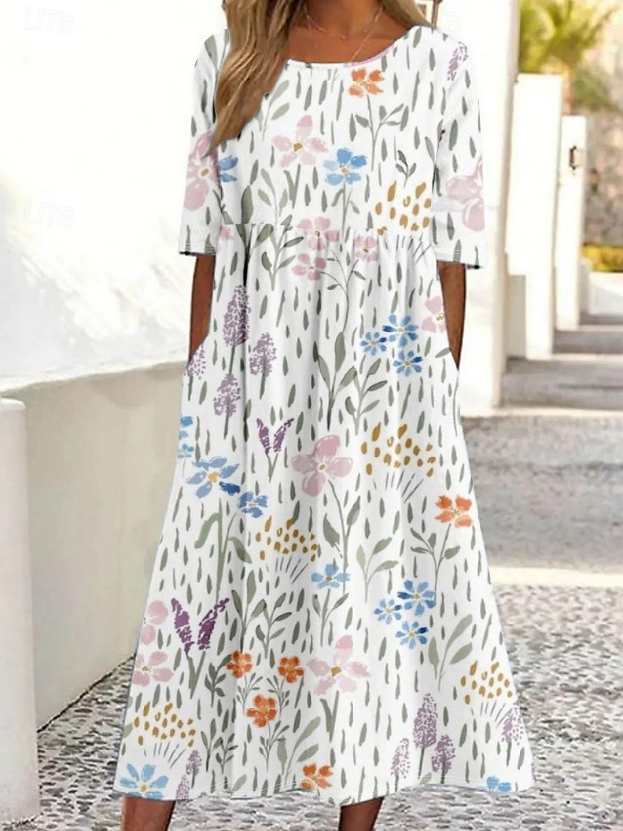 Femmes Robe Midi Robe Décontractée Robe de patinage Robe d'été Mode Moderne Quotidien Week-end Coupe régulière Fleuri Demi Manches Col en V Blanche Bleu Violet Kaki Été de 2025 ? $21.99 –P1