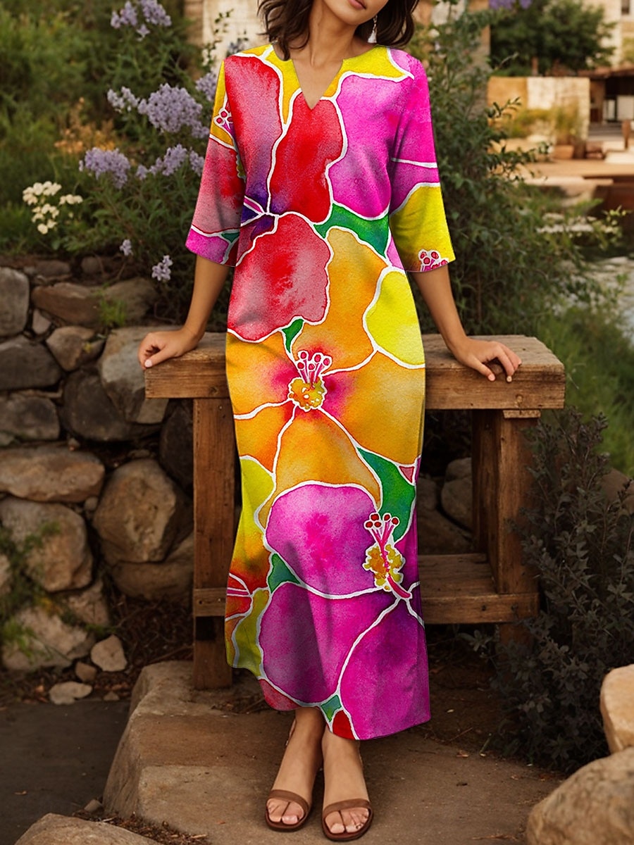 Femmes Robe maxi Robe T-Shirt Robe fourreau Vacances Occasionnel Boho Extérieur Sortir Coupe régulière Fleuri Graphique Demi Manches Col en V Fuchsia Été Printemps de 2025 ? $46.99 –P1